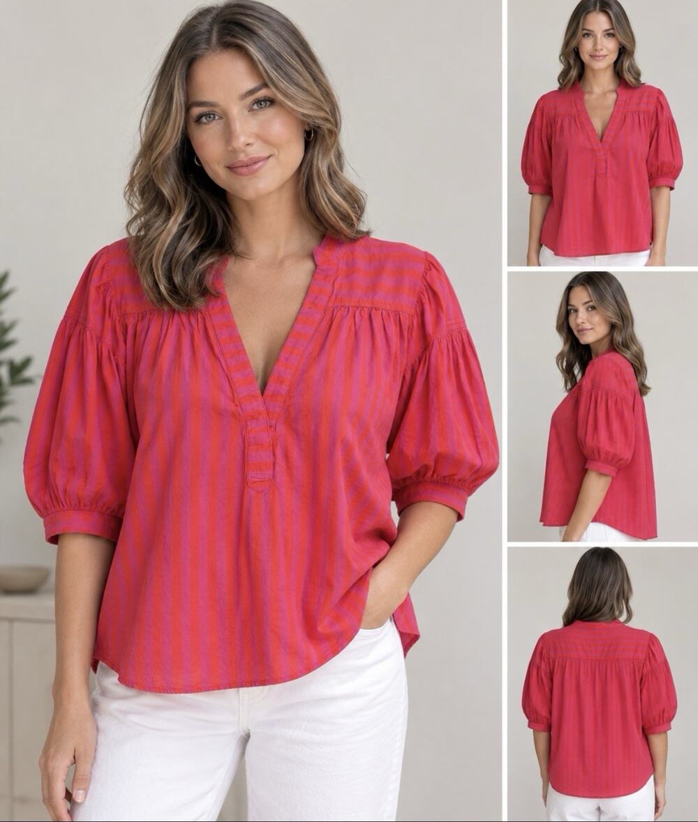 Anthropologie Blouse Top Womens Small Pink Orange Stripe Short Sleeve Boho